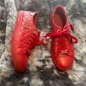 GUESS Quilted Red Lace-Up Sneakers with Gold Accents